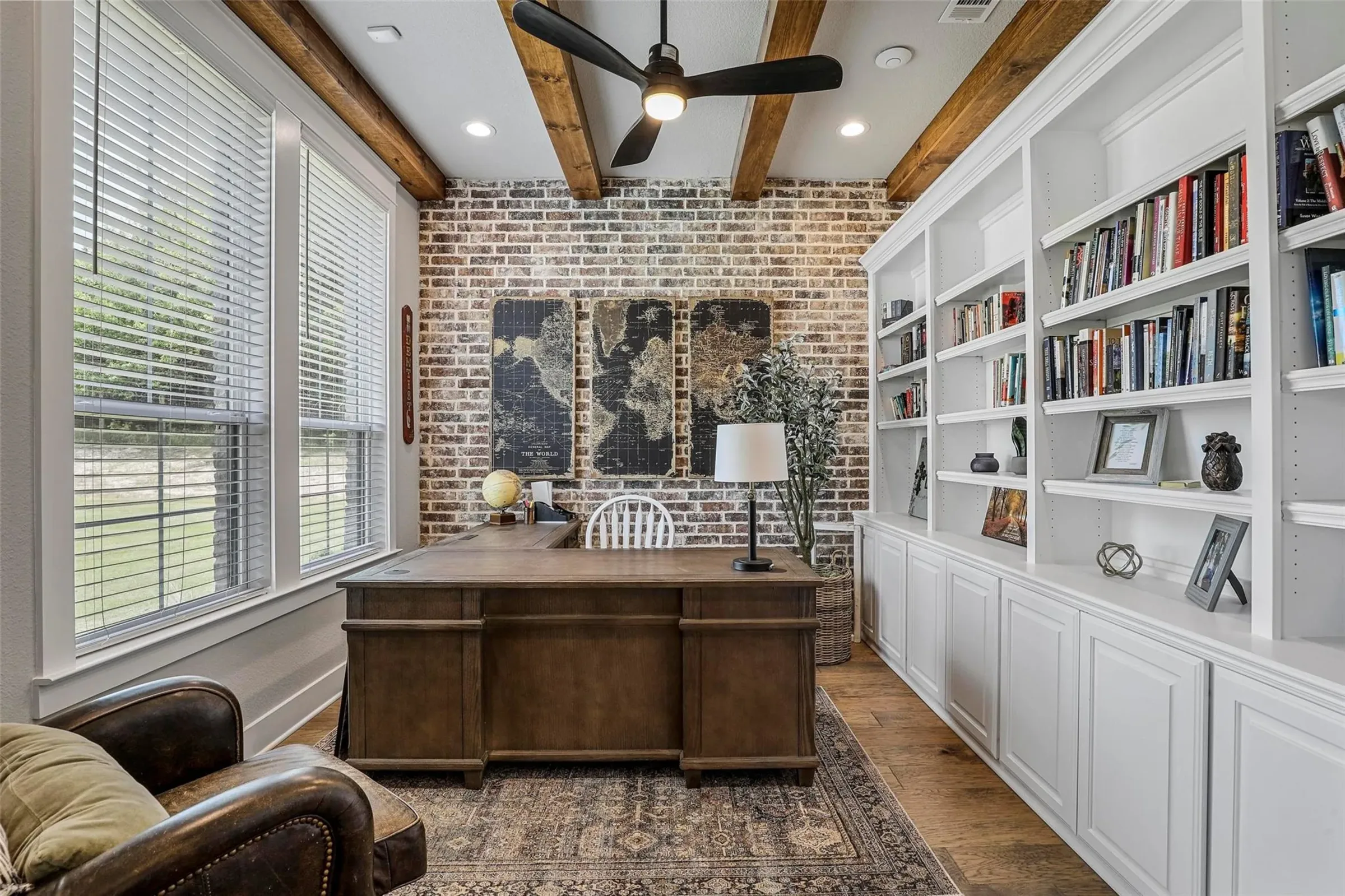Brick-and-beam home office in a North Texas home
